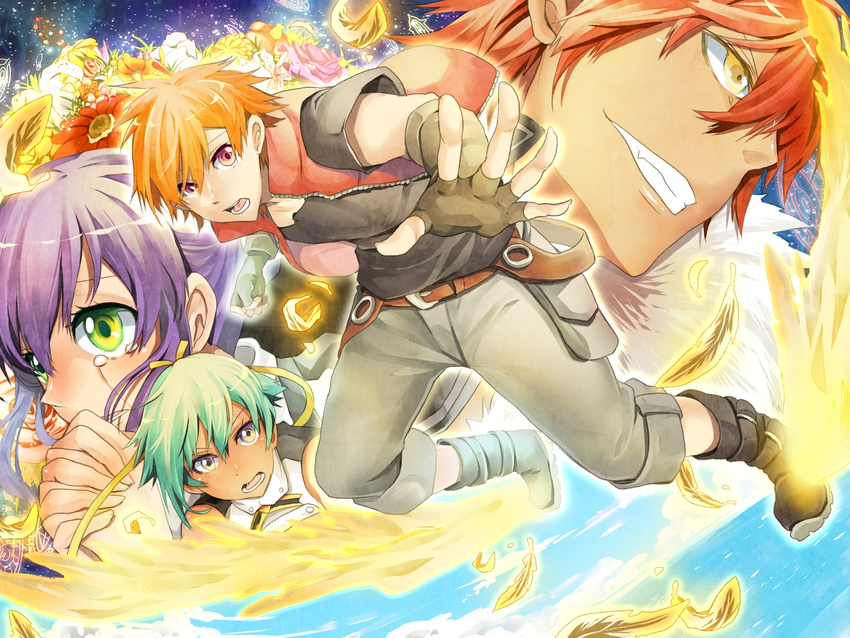 2girls amata_sora amatsuki_colors aquarion_(series) aquarion_evol blue_eyes green_hair hair_bun kagura_demuri mikono_suzushiro multiple_boys multiple_girls purple_eyes purple_hair red_eyes red_hair tears zessica_wong