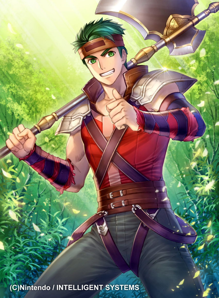 1boy axe belt boyd_(fire_emblem) bracelet copyright_name fire_emblem fire_emblem:_akatsuki_no_megami fire_emblem:_souen_no_kiseki fire_emblem_cipher green_eyes green_hair headband highres jewelry leaf male_focus nintendo official_art solo sparkle teeth