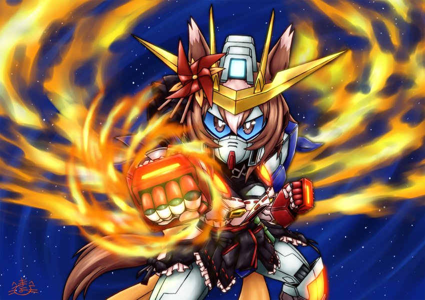 animal_ears blue_eyes brown_eyes brown_hair clenched_hand commentary fire glowing gundam gundam_build_fighters gundam_build_fighters_try hair_between_eyes hashtag-only_commentary horse_ears horse_girl horse_tail looking_at_viewer mayohi_neko mecha mecha_focus multicolored_hair pinwheel_hair_ornament robot school_uniform science_fiction sd_gundam short_hair solo streaked_hair tail try_burning_gundam umamusume yaeno_muteki_(umamusume)