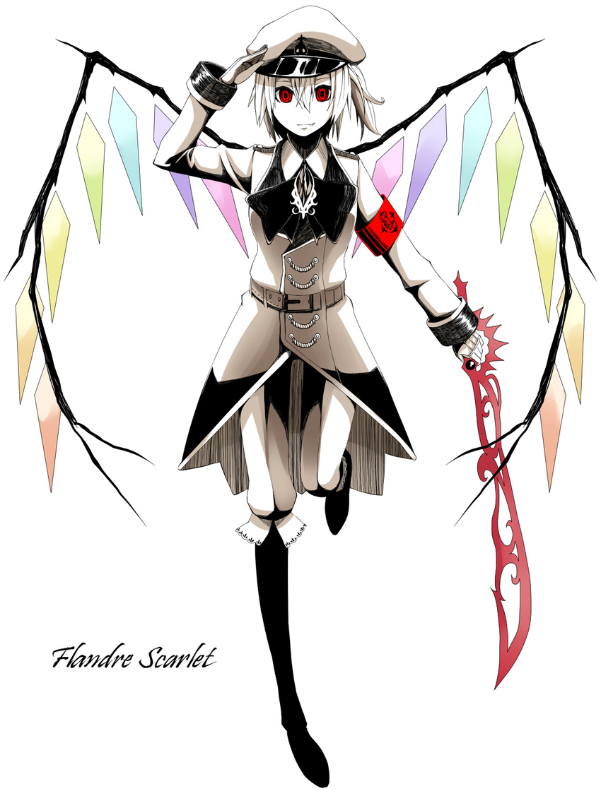 alternate_costume alternate_hairstyle bad_id bad_pixiv_id bisuke_(k_step2009) character_name fang flandre_scarlet gloves hat highres light_smile looking_at_viewer military military_hat red_eyes salute short_hair side_ponytail simple_background solo spot_color sword touhou weapon wings