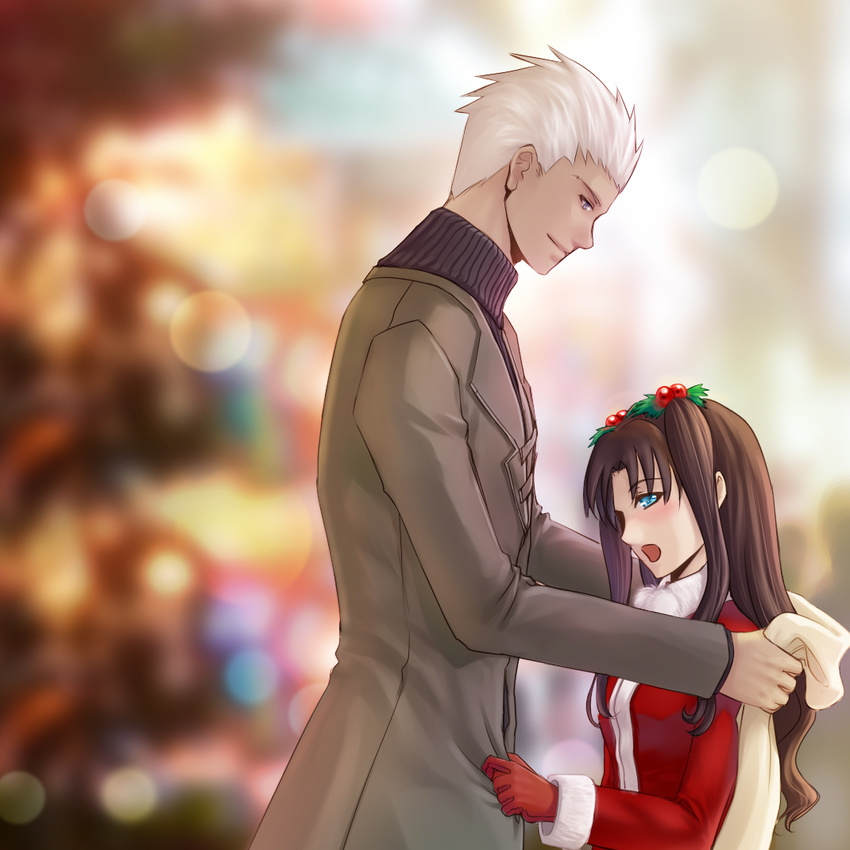 1girl archer blue_eyes blurry blush bokeh brown_hair christmas dark_skin depth_of_field fate/stay_night fate_(series) haneki height_difference holly santa_costume toosaka_rin twintails two_side_up white_hair