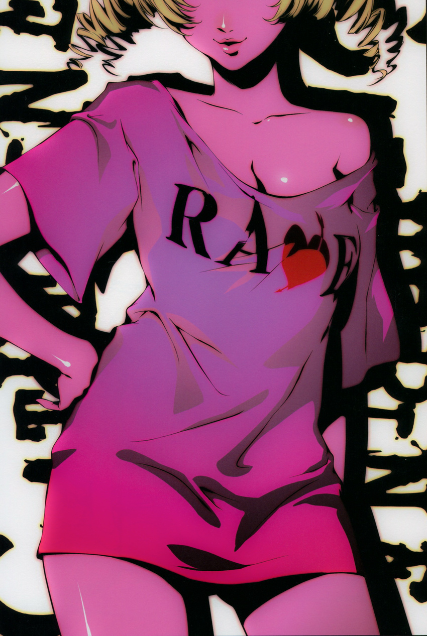 blonde_hair breasts catherine catherine_(game) cleavage clothes_writing curly_hair drill_hair english hand_on_hip head_out_of_frame highres lips medium_breasts off_shoulder official_art scan shirt smile soejima_shigenori solo t-shirt twintails