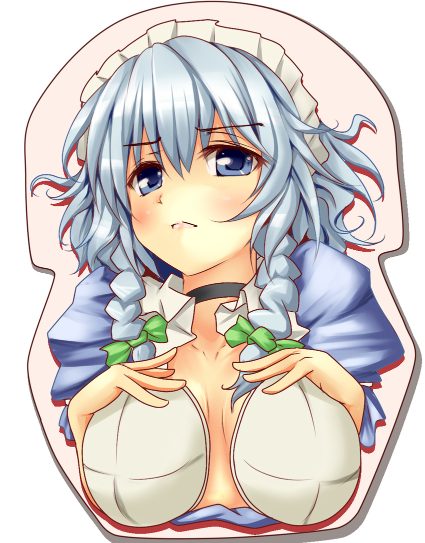 blue_eyes blush braid breast_mousepad breast_padding choker fukunaga_kazuhiro highres izayoi_sakuya maid_headdress mousepad ribbon short_hair silver_hair solo touhou twin_braids upper_body