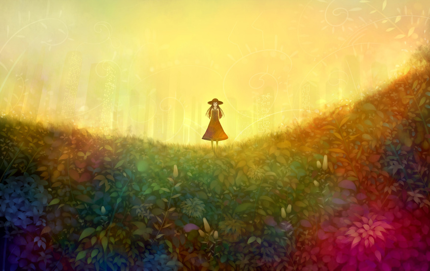 black_dress black_hat building city cityscape commentary_request dress field flower flower_field hat highres long_hair looking_at_viewer original sakimori_(hououbds) scenery skyscraper solo standing sun_hat sundress yellow_sky