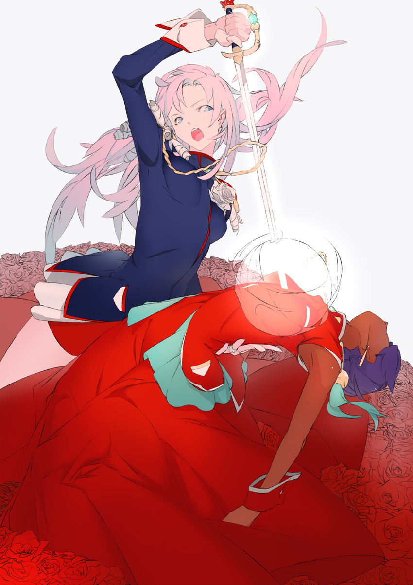 aiguillette bad_id bad_pixiv_id blue_eyes bthx dark_skin dress earrings flower highres himemiya_anthy jewelry multiple_girls pink_hair purple_hair rose sekai_wo_kakumei_suru_chikara_wo shoujo_kakumei_utena sword tenjou_utena weapon