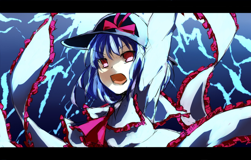 :o arm_up bad_id bad_pixiv_id electricity frills hat heigani letterboxed nagae_iku open_mouth purple_hair red_eyes shawl short_hair solo touhou v-shaped_eyebrows
