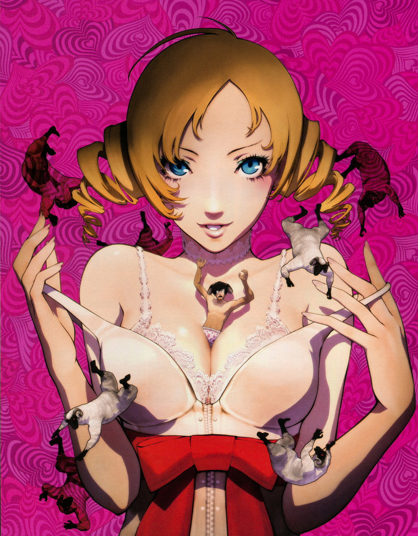 1girl bare_shoulders between_breasts blonde_hair blue_eyes boxers breasts catherine catherine_(game) choker cleavage drill_hair eyeliner heart highres makeup medium_breasts nail_polish official_art open_mouth pink_nails scan sheep smile soejima_shigenori twin_drills twintails underwear undressing upper_body vincent_brooks