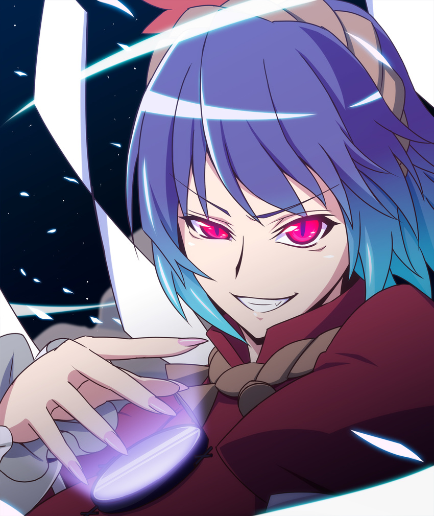 blue_hair fang fingernails grin h-new hair_ornament highres mirror nail_polish red_eyes rope sharp_fingernails shimenawa short_hair slit_pupils smile solo touhou yasaka_kanako