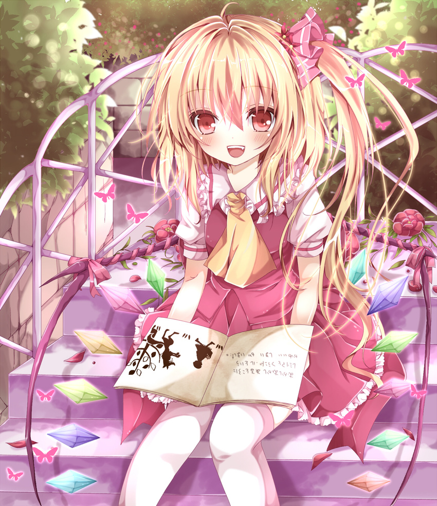 ascot bad_id bad_pixiv_id big_bad_wolf_(grimm) blonde_hair book bush colorized fang flandre_scarlet flower frilled_skirt frills garden grimm's_fairy_tales hair_flower hair_ornament hair_ribbon highres little_red_riding_hood little_red_riding_hood_(grimm) nanase_nao no_hat no_headwear open_book open_mouth red_eyes ribbon short_hair side_ponytail silhouette sitting skirt skirt_set smile solo stairs thighhighs touhou translated white_legwear wings wrapped