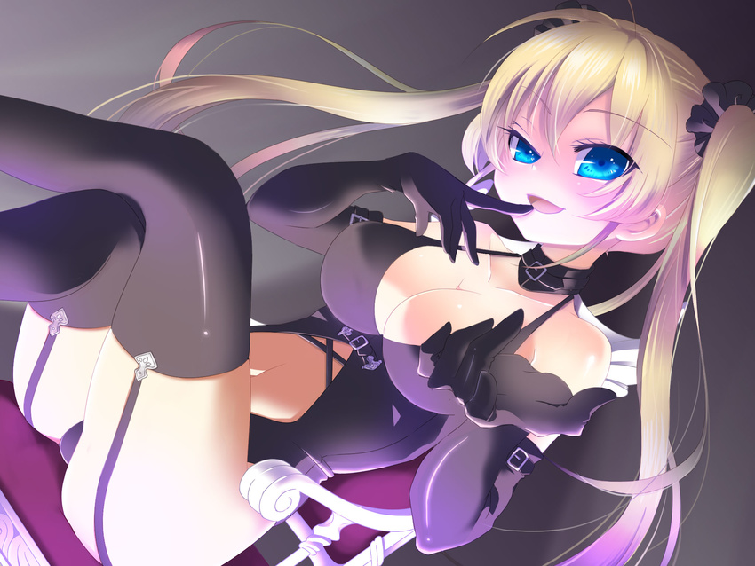 blonde_hair blue_eyes breasts bridal_gauntlets chair choker cleavage collar dutch_angle elbow_gloves gloves highres large_breasts long_hair looking_at_viewer midriff naa original sitting solo thighhighs twintails
