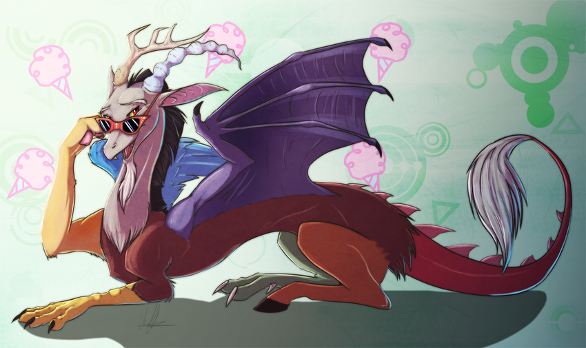 beard black_hair claws discord_(mlp) draconequus eyewear facial_hair friendship_is_magic fur glasses hair hooves horn hybrid male mane my_little_pony paws red_eyes slicked_back_hair solo sunglasses tail tail_tuft talons tuft wing-of-chaos wings