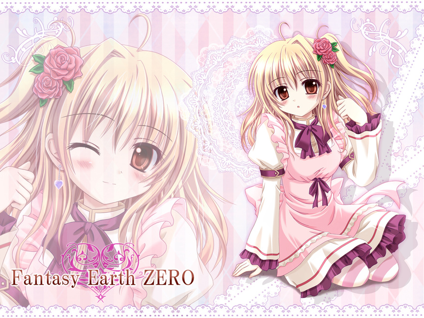 ahoge blonde_hair blush dress earrings fantasy_earth_zero flower hair_flower hair_ornament highres himuro_feri jewelry long_hair one_eye_closed one_side_up red_eyes side_ponytail sitting solo striped striped_legwear thighhighs wallpaper zoom_layer