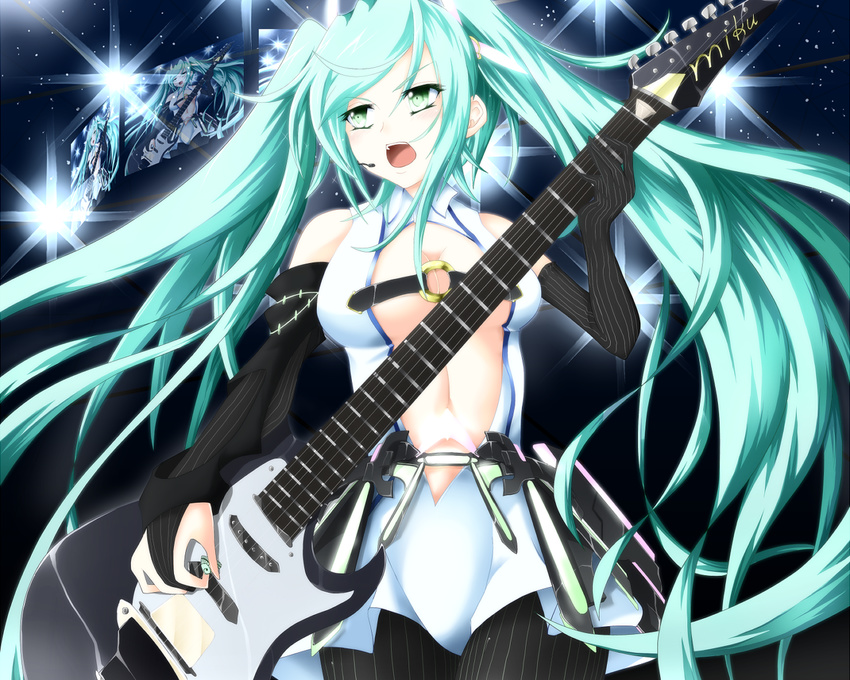 7ban black_gloves black_legwear bodysuit breasts cleavage elbow_gloves electric_guitar gauntlets gloves green_eyes green_hair guitar hatsune_miku instrument large_breasts long_hair microphone midriff monitor navel open_mouth pantyhose plectrum solo stage_lights striped striped_gloves striped_legwear twintails vocaloid