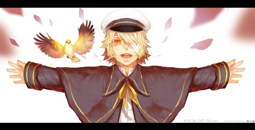 absurdres bandage_over_one_eye bird blonde_hair character_name hat highres incoming_hug james_(vocaloid) letterboxed male_focus missingcat318 oliver_(vocaloid) open_mouth outstretched_arms sailor sailor_hat vocaloid yellow_eyes