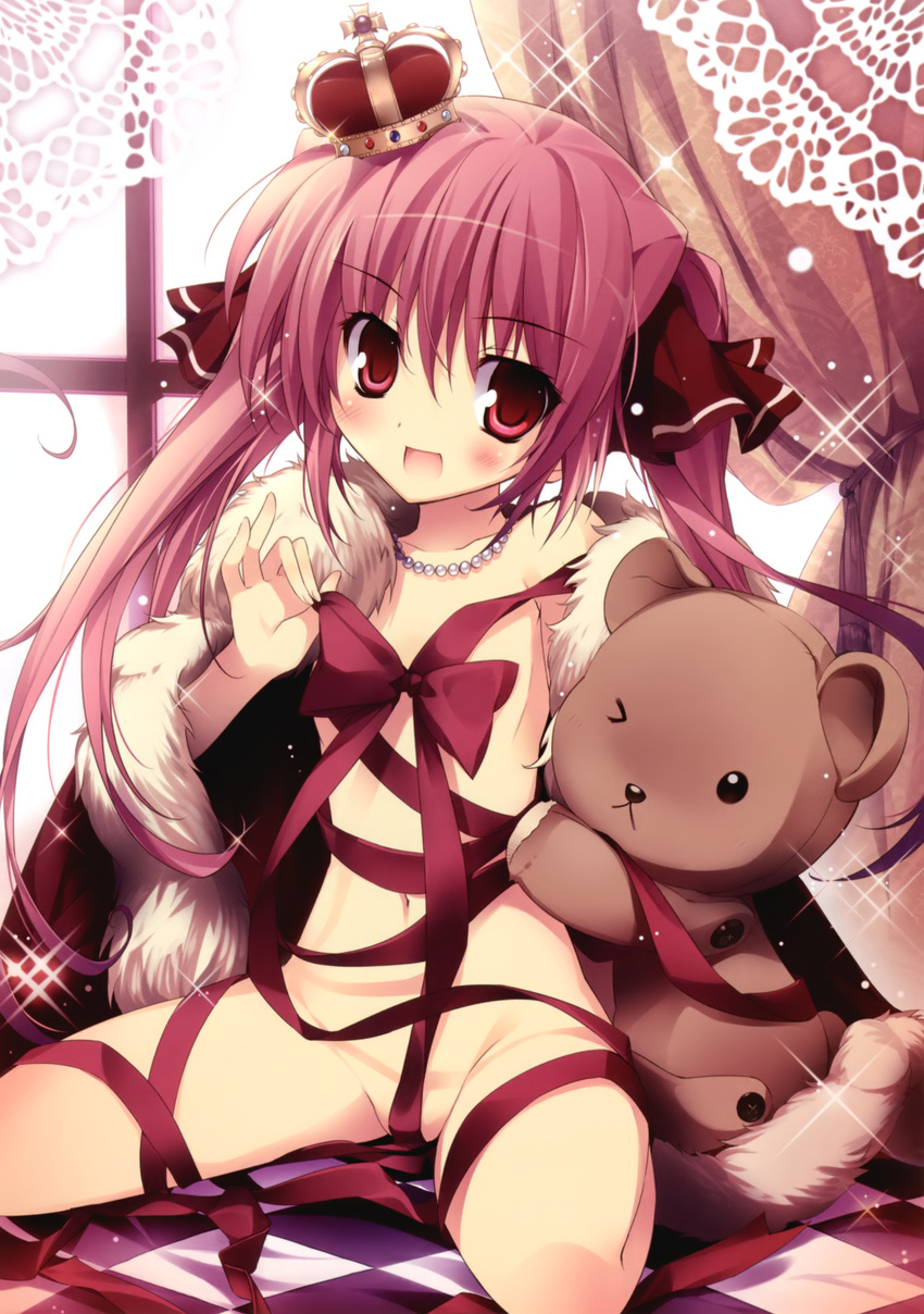 :&lt; :d absurdres blush bow censored checkered checkered_floor convenient_censoring crown curtains flat_chest fur hair_bow highres jewelry karory long_hair looking_at_viewer naked_ribbon navel necklace nude one_eye_closed open_mouth original pearl_necklace pink_hair red_eyes ribbon sitting smile solo stuffed_animal stuffed_toy teddy_bear twintails wariza window