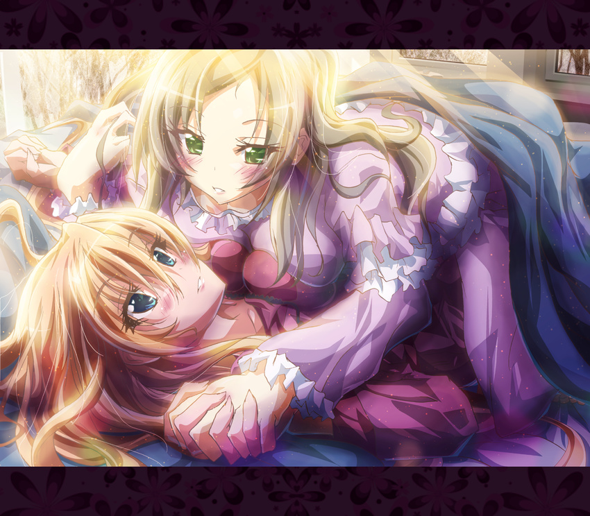 bed blue_eyes blush breast_press breasts brown_hair eyelashes frills green_eyes highres holding_hands houjou_hibiki inoshishi_(ikatomo) interlocked_fingers letterboxed long_hair lying medium_breasts minamino_kanade multiple_girls nightgown on_stomach precure suite_precure symmetrical_docking window yuri