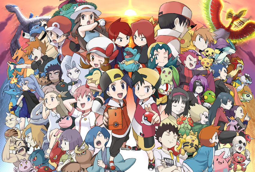 alternate_costume anzu_(pokemon) baseball_cap bellossom black_hair blue_(pokemon) brown_hair character_request chikorita corsola crystal_(pokemon) cyndaquil dual_persona elekid entei erika_(pokemon) everyone gen_1_pokemon gen_2_pokemon gold_(pokemon) gym_leader hat hat_ribbon hayato_(pokemon) holding holding_poke_ball ibuki_(pokemon) japanese_clothes karin_(pokemon) kasumi_(pokemon) katsura_(pokemon) kimono koma_yoichi kotone_(pokemon) matis_(pokemon) matsuba_(pokemon) mikan_(pokemon) misdreavus multiple_boys multiple_girls natsume_(pokemon) ookido_green panties pantyshot pantyshot_(standing) pichu pikachu poke_ball pokedex pokemon pokemon_(anime) pokemon_(creature) pokemon_(game) pokemon_frlg pokemon_gsc pokemon_hgss pokemon_rgby red_(pokemon) red_(pokemon_frlg) red_(pokemon_rgby) red_ribbon ribbon scizor shijima_(pokemon) short_hair silver_(pokemon) smile standing suicune takeshi_(pokemon) totodile tsukushi_(pokemon) twintails two_side_up underwear yanagi_(pokemon)