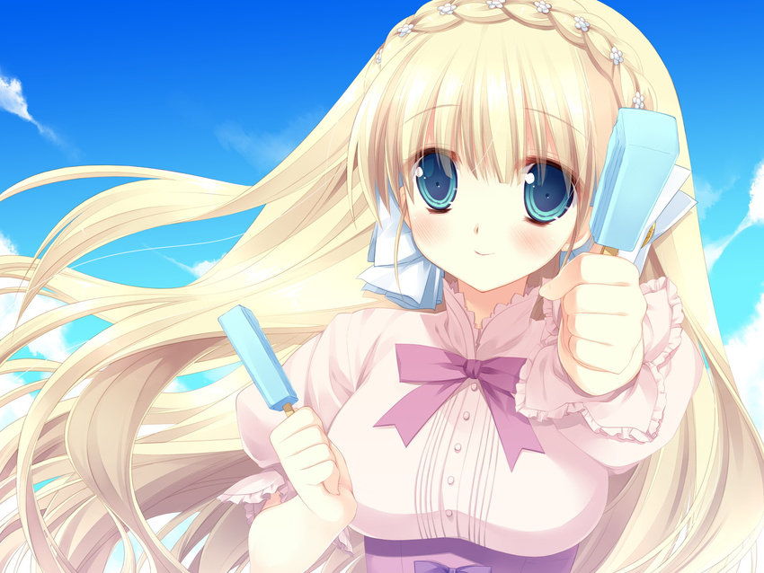 blonde_hair blue_eyes game_cg ice_cream kicking_horse_rhapsody long_hair miyasu_risa orina_nobara