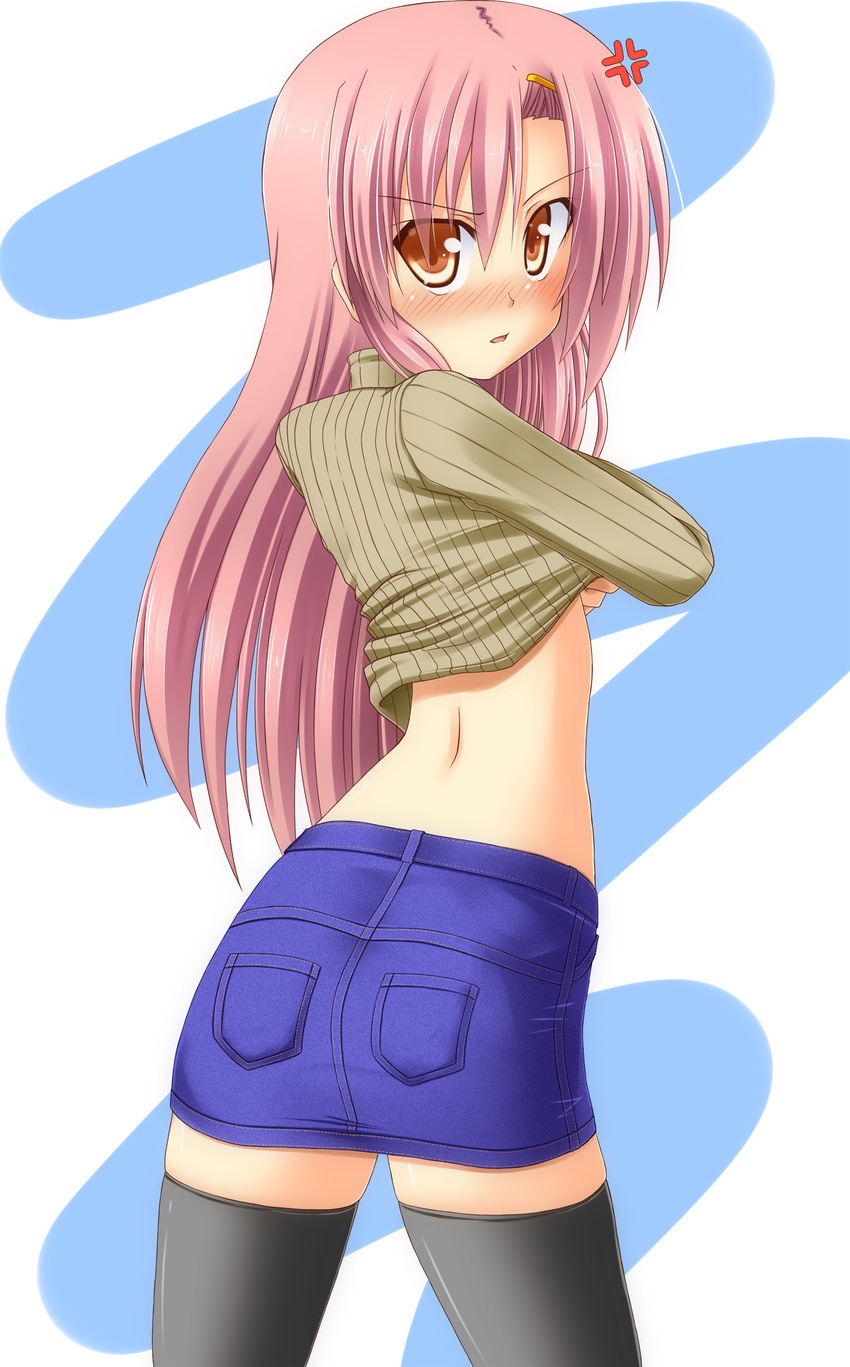 absurdres anger_vein ass black_legwear denim denim_skirt hayate_no_gotoku! highres katsura_hinagiku lask long_hair looking_back open_mouth orange_eyes pencil_skirt pink_hair skirt solo thighhighs undressing zettai_ryouiki