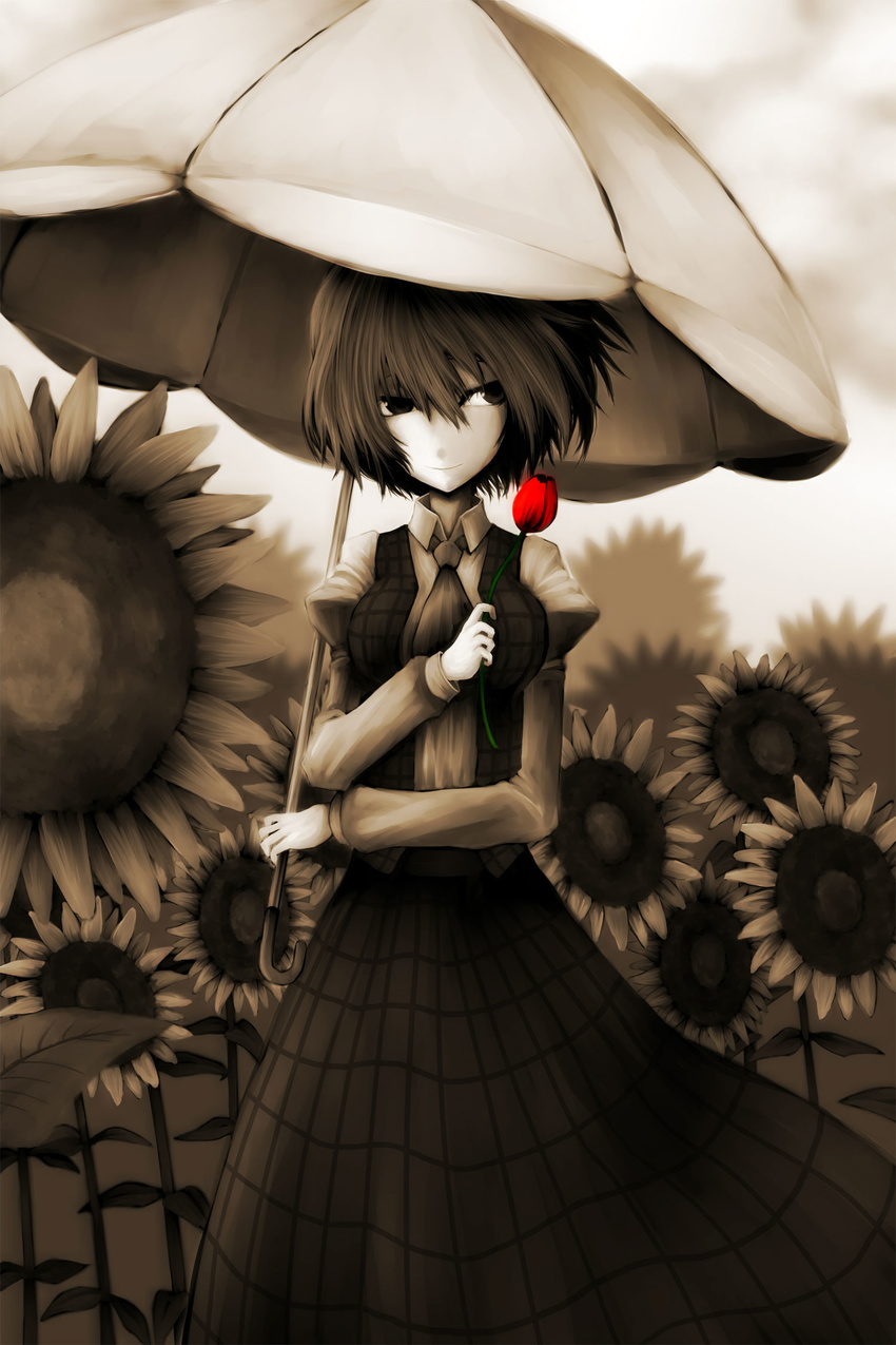 am24 breasts dress_shirt flower highres kazami_yuuka medium_breasts pale_color parasol plaid shirt solo spot_color sunflower touhou umbrella