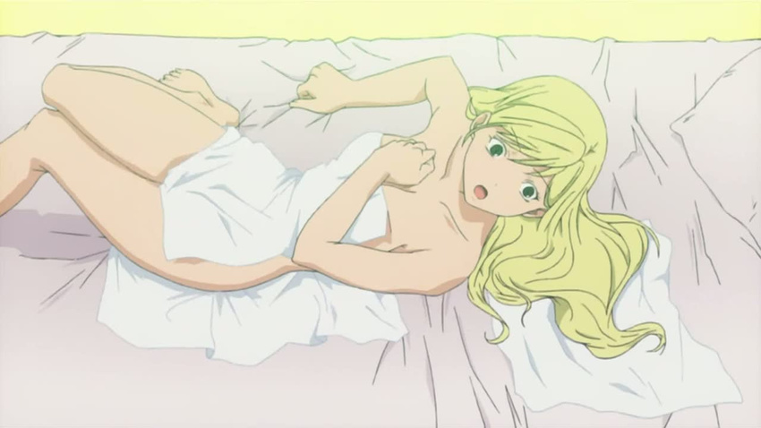 1girl bed bed_sheet blonde_hair breasts cleavage enomoto_kei green_eyes hatsukoi_limited long_hair lying open_mouth photo sheets squeezing towel