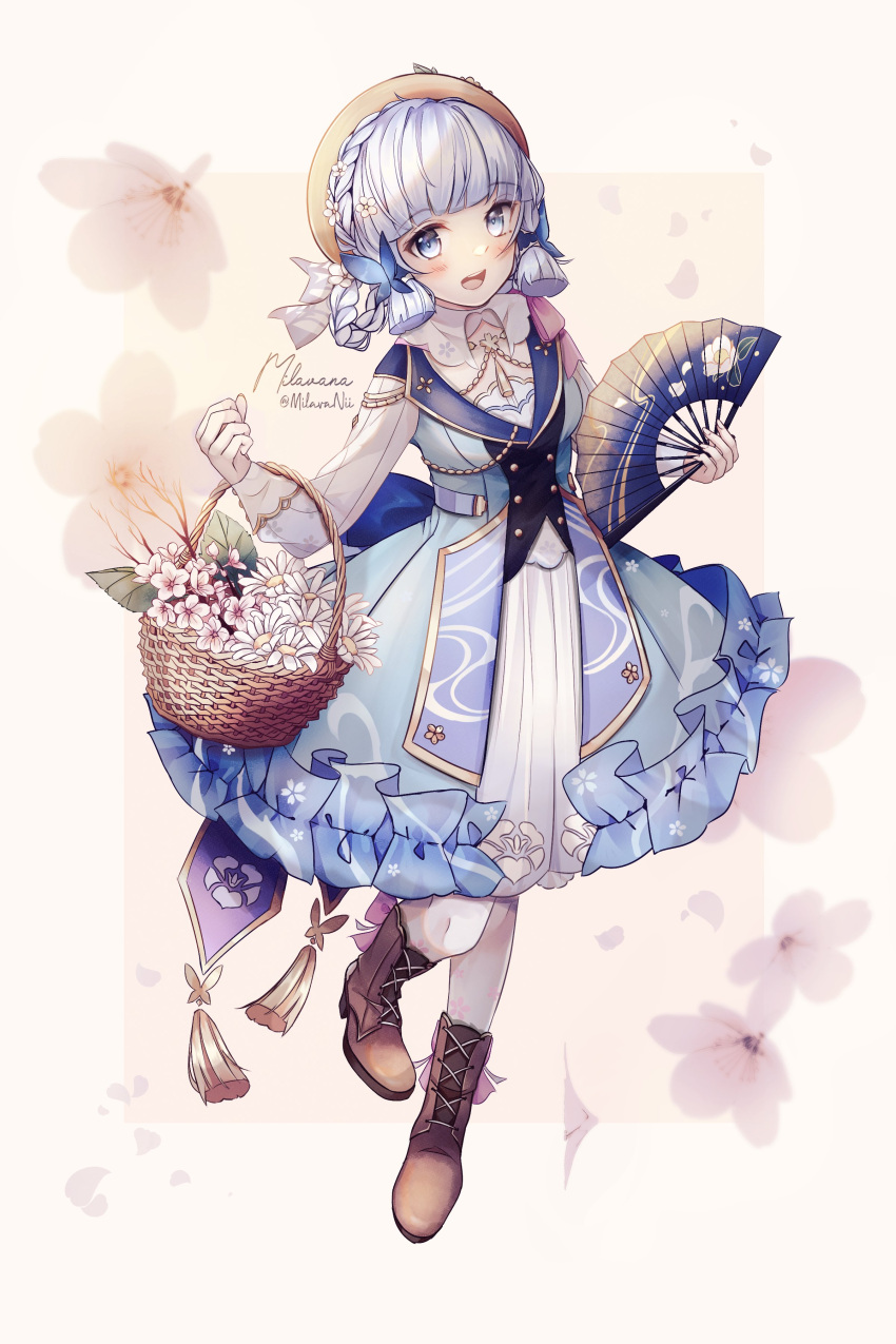 1girl :d absurdres basket blue_butterfly blue_dress blue_eyes blunt_bangs blunt_tresses boots braid braided_hair_rings brown_boots brown_hat bug butterfly butterfly_hair_ornament commentary dress flower folding_fan full_body genshin_impact hair_ornament hair_rings hand_fan hat highres holding holding_basket holding_fan kamisato_ayaka kamisato_ayaka_(springbloom_missive) lace-up_boots long_sleeves medium_hair milavana multicolored_dress neck_tassel official_alternate_hairstyle pantyhose sidelocks signature smile solo standing straw_hat tassel white_flower white_hair white_pantyhose white_sleeves