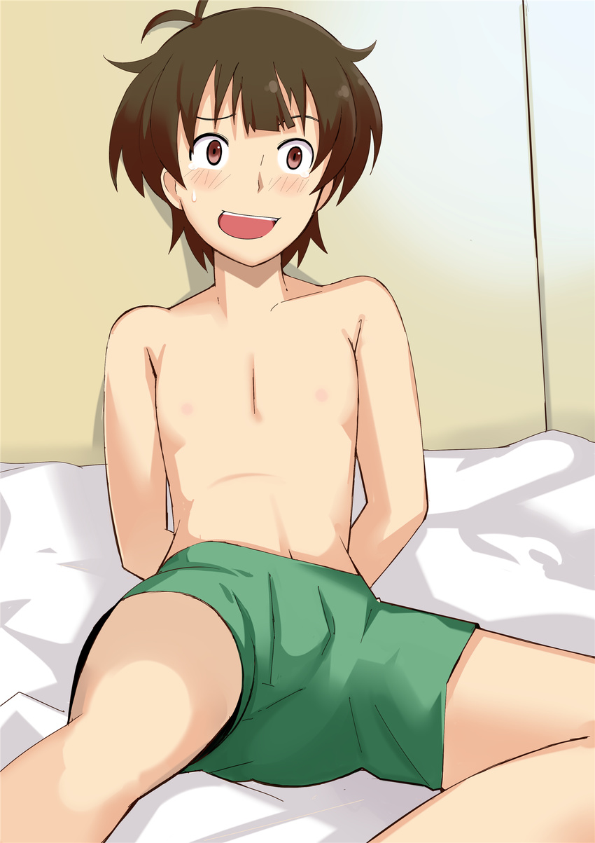 akizuki_ryou antenna_hair arms_behind_back blush brown_eyes brown_hair embarrassed highres idolmaster idolmaster_dearly_stars male_focus open_mouth shirtless shorts solo tears yana