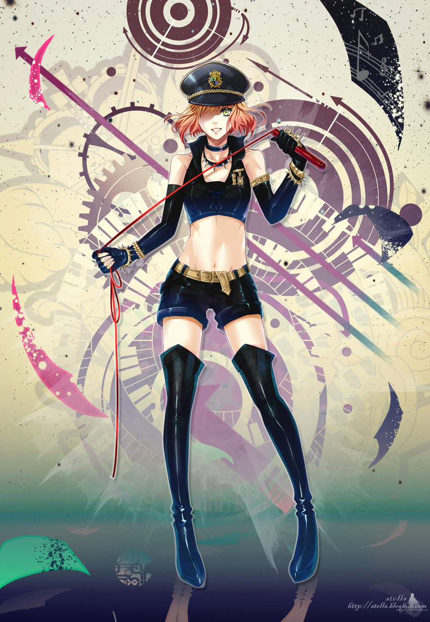 black_gloves boots choker elbow_gloves full_body gloves grin hat highres holding looking_at_viewer nanami_haruka navel peaked_cap pink_hair short_hair shorts smile solo standing stells thighhighs uta_no_prince-sama whip yellow_eyes