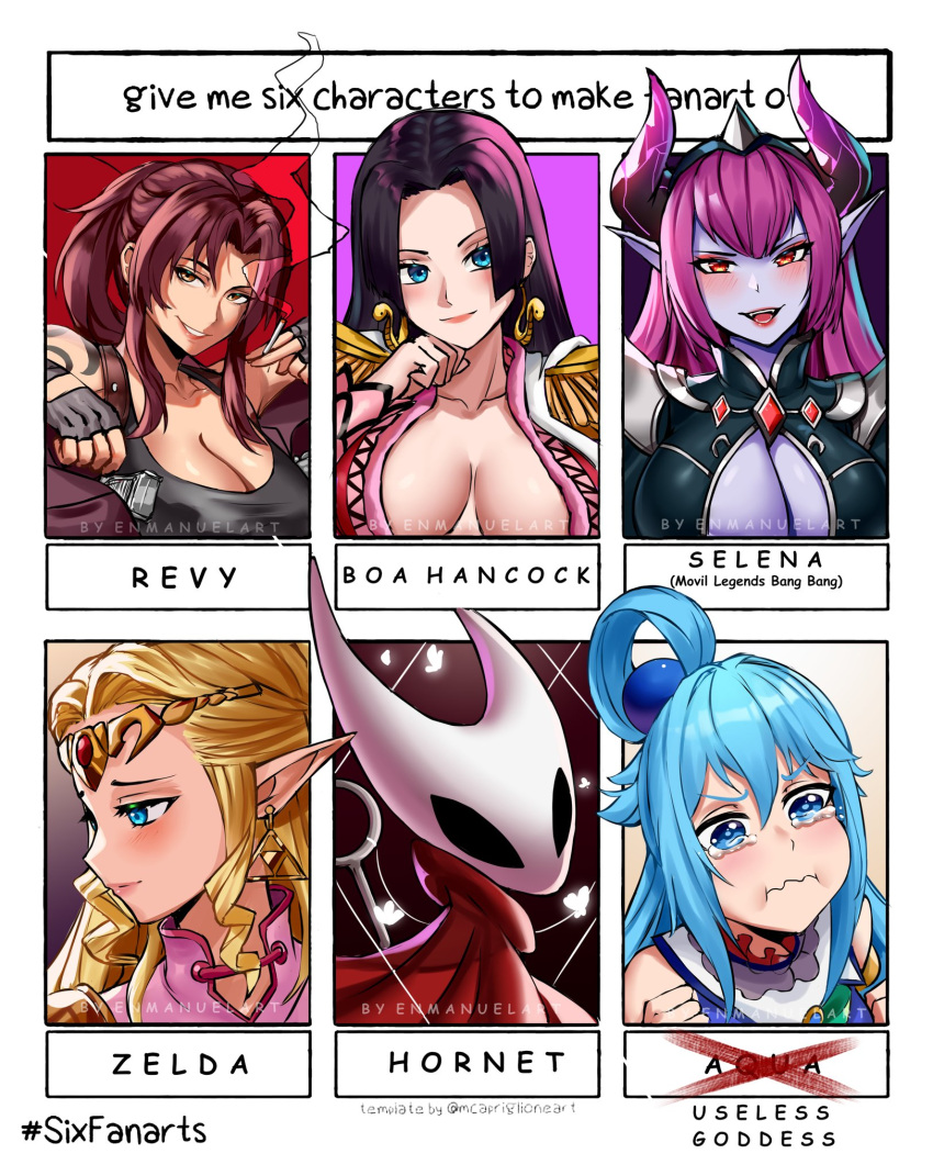 ahoge aqua_(konosuba) armor arthropod_girl artist_name bare_shoulders black_dress black_eyes black_gloves black_hair black_hairband black_lagoon black_tank_top blonde_hair blue_dress blue_eyes blue_hair blush boa_hancock bow bowtie breasts breasts_apart brown_hair bug butterfly character_name cheek_squash cigarette cleavage clenched_hand cloak closed_mouth collarbone colored_skin commentary dress drill_hair drill_sidelocks earrings english_commentary english_text enma_(enmanuelart) epaulettes eyelashes fingerless_gloves forehead_jewel gloves gradient_background green_bow green_bowtie hair_between_eyes hair_ornament hairband hand_on_own_chin hashtag highres holding holding_cigarette hollow_knight hollow_knight:_silksong hornet_(hollow_knight) horns jewelry kono_subarashii_sekai_ni_shukufuku_wo! large_breasts lips long_hair looking_at_viewer looking_down looking_to_the_side looking_up mobile_legends:_bang_bang multiple_drawing_challenge needle_(hollow_knight) one_piece open_mouth orange_eyes outside_border parted_lips pink_dress pointy_ears portrait princess_zelda purple_background purple_hair purple_horns purple_skin red_background red_cloak revy_(black_lagoon) selena_(mobile_legends) shoulder_armor shoulder_tattoo sidelocks six_fanarts_challenge smile smoke snake_earrings sphere_hair_ornament tank_top tattoo tearing_up teeth the_legend_of_zelda triangle_earrings watermark wavy_mouth white_background white_butterfly yellow_eyes