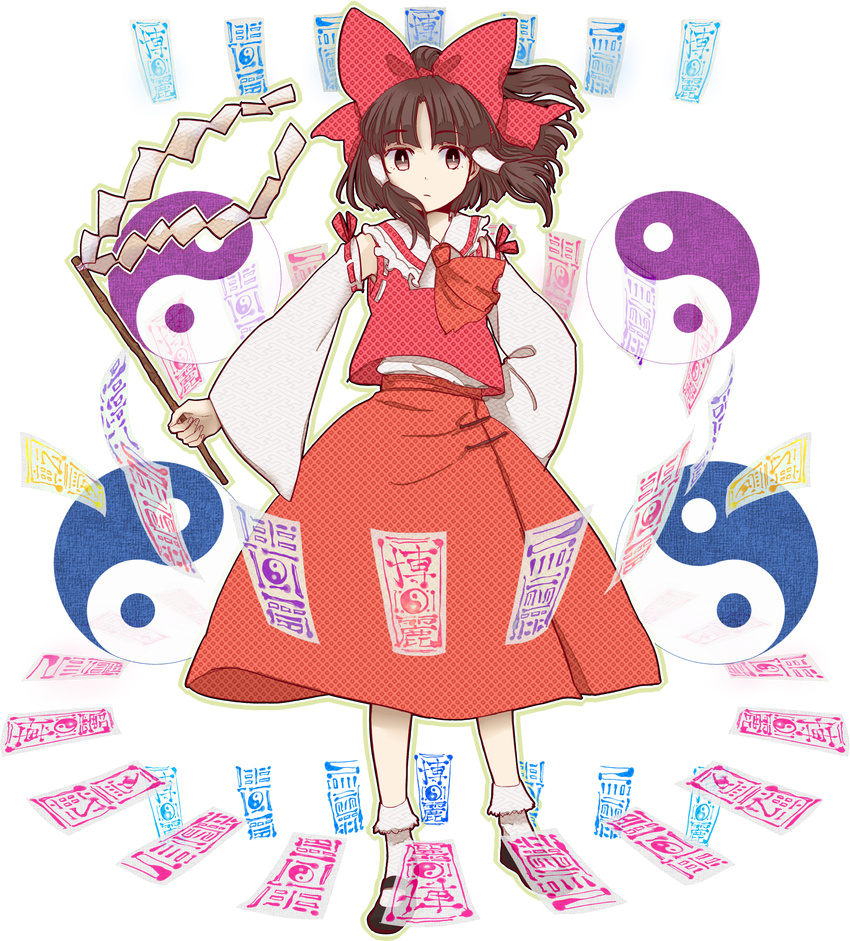 ascot bad_id bad_pixiv_id bow brown_eyes brown_hair danmaku detached_sleeves expressionless full_body gohei hair_bow hair_tubes hakurei_reimu hand_on_hip highres mary_janes mild_kal ofuda shoes skirt skirt_set solo touhou transparent_background unmoving_pattern wide_sleeves yin_yang