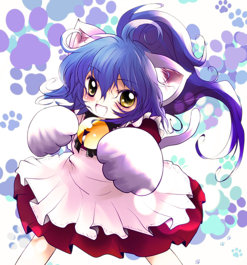 animal_ears bell blue_hair blush cat_ears cat_paws colorized highres long_hair original paws solo yellow_eyes yume_shokunin