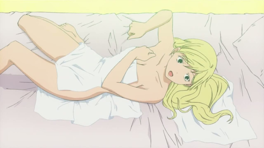 1girl bed bed_sheet blonde_hair breasts cleavage enomoto_kei green_eyes hatsukoi_limited long_hair lying open_mouth photo sheets towel