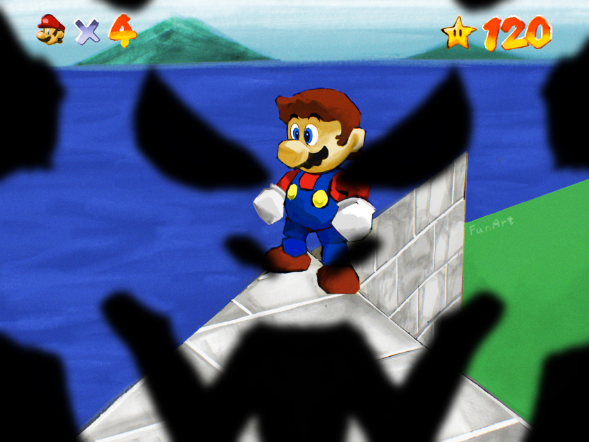 1boy artist_name blue_eyes blue_overalls brown_hair buttons facial_hair full_body game_over glitch gloves gold_buttons highres male_focus mario mario_(series) meme mustache ocean overalls red_shirt shirt standing super_mario_64 water white_gloves yamari_(ya_mari_6363)