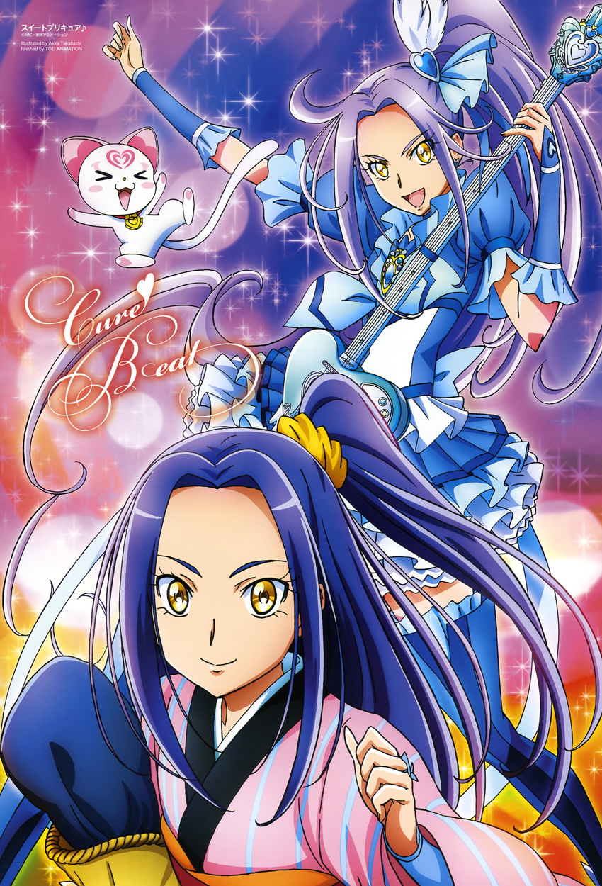 :d absurdres arm_warmers blue_skirt boots cat cure_beat eyelashes guitar hair_ornament highres hummy_(suite_precure) instrument japanese_clothes jewelry kimono kurokawa_eren long_hair love_guitar_rod magical_girl multiple_girls official_art one_side_up open_mouth precure purple_hair ribbon scan seiren_(suite_precure) side_ponytail skirt smile suite_precure takahashi_akira thighhighs yellow_eyes