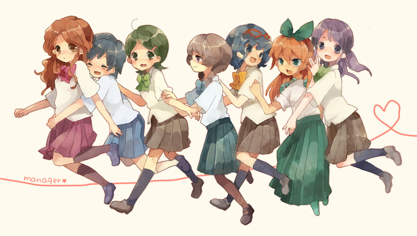 blue_eyes blue_hair braid brown_hair green_eyes green_hair hair_ribbon hair_tubes heart heart_of_string inazuma_eleven inazuma_eleven_(series) inazuma_eleven_go kino_aki kudou_fuyuka long_hair multiple_girls open_mouth otonashi_haruna pantyhose purple_eyes purple_legwear raimon_natsumi red_hair ribbon school_uniform seto_midori short_hair sleeves_rolled_up smile sorano_aoi sunflower-m twin_braids yamana_akane