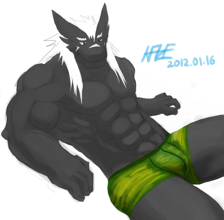 abs anthro biceps black_eyes black_fur boxers bulge clothed clothing dragon fur grauchen grauchen_(character) grey grey_fur hair half-dressed kaze kaze_(artist) long_hair lying male muscles nipples on_back pecs plain_background pose relaxing scales sitting solo topless underwear white_background white_hair