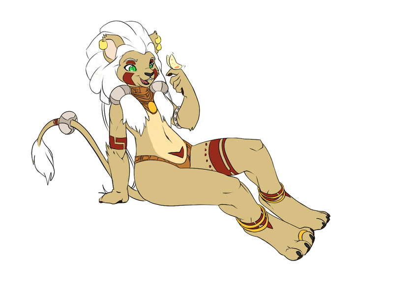 braid butterfly claws clothed clothing djandora djeneba ear_piercing earring facial_markings feline female green_eyes hair insect jeso jewelry kemono kneeling lion long_hair magic magical mammal markings navel piercing skimpy smile solo spell tail tribal wet white_hair wide_hips winstar