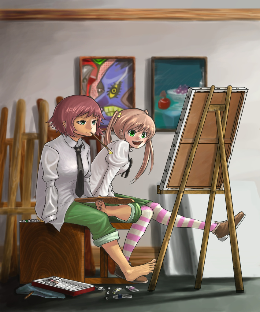 :d amputee art_brush barefoot bow brown_hair bukimi_isan canvas_(object) double_amputee easel green_eyes highres ibarazaki_emi katawa_shoujo loafers mouth_hold multiple_girls necktie open_mouth paintbrush painting palette puffy_sleeves red_hair school_uniform shoes smile striped tezuka_rin thighhighs twintails