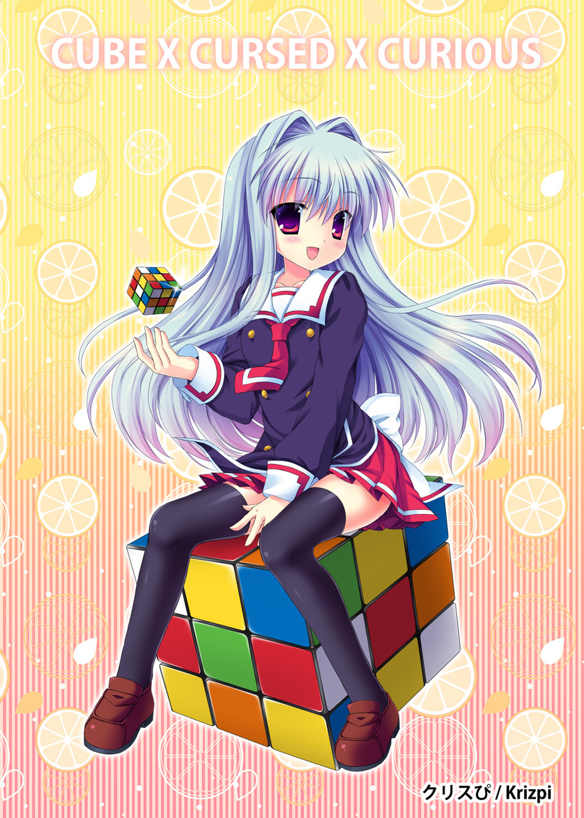 :d artist_name bad_id bad_pixiv_id between_legs black_legwear blue_hair blush collarbone copyright_name cube_x_cursed_x_curious fang fear_kubrick food fruit full_body gradient gradient_background gradient_hair hair_intakes hand_between_legs highres lavender_hair loafers long_hair long_sleeves multicolored_hair necktie open_mouth orange oversized_object pleated_skirt red_eyes rubik's_cube sasori_gatame_(krizpi) school_uniform serafuku shoes sitting skirt smile solo sparkle striped striped_background thighhighs vertical-striped_background vertical_stripes very_long_hair zettai_ryouiki