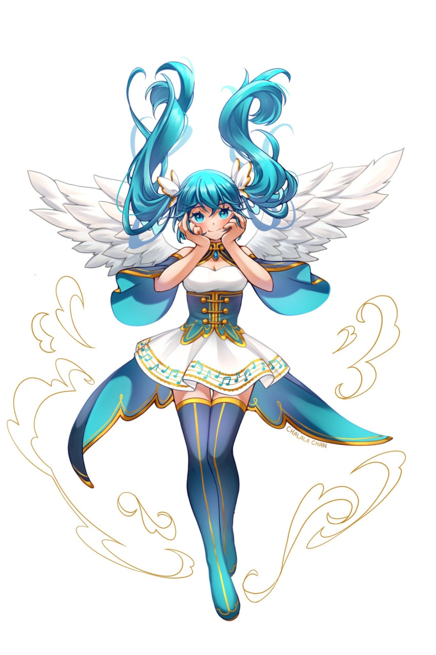 1girl angel angel_wings aqua_eyes aqua_hair boots breasts chalalachan cleavage closed_mouth detached_sleeves feathered_wings floating_hair full_body gold_trim hair_between_eyes hair_ornament hands_on_own_face hatsune_miku highres long_hair long_sleeves medium_breasts musical_note musical_note_print musical_staff musical_staff_print simple_background smile thigh_boots thighhighs vocaloid white_background white_wings wide_sleeves wings