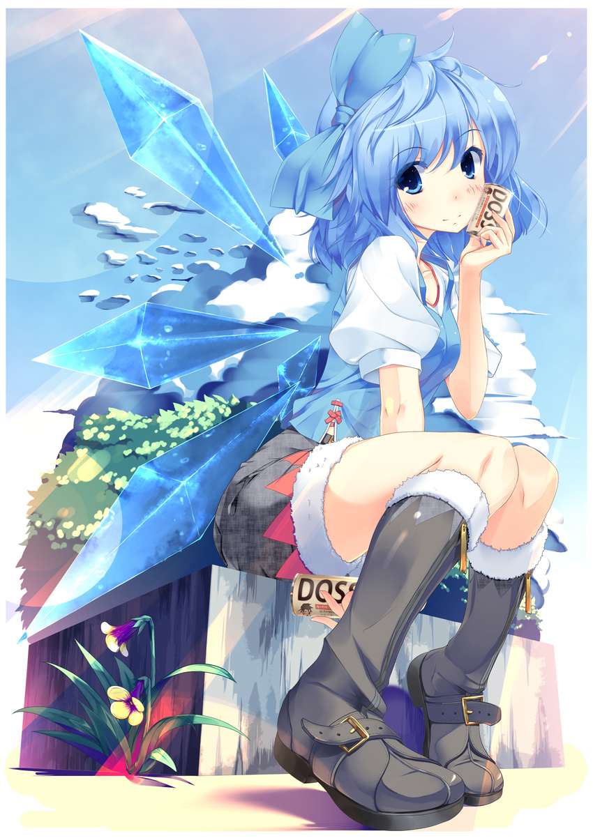 absurdres alternate_costume alternate_hairstyle blue_eyes blue_hair blue_sky blush boots bow buckle can cirno day flower fur_trim hair_bow highres knee_boots light_rays outdoors rozea_(graphmelt) shirt short_hair sitting skirt sky smile solo sunbeam sunlight touhou vest wings