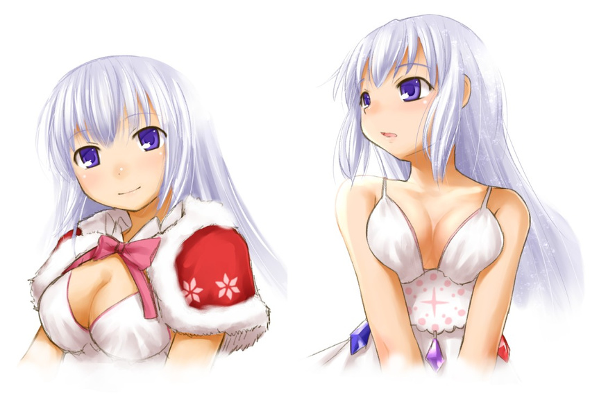 arin bare_shoulders blue_eyes blue_hair blush bow breast_squeeze breasts capelet christmas cleavage jewelry kasuga_yukihito large_breasts long_hair pangya sidelocks smile solo