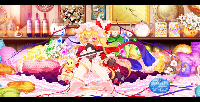 ankle_cuffs balance_scale bare_legs barefoot bed blonde_hair bloomers blush bottle bow bowtie brooch candle character_doll cup dress flandre_scarlet flower goriyaku hands_on_own_knees hat hat_bow jar jewelry kirisame_marisa letterboxed long_hair marble picture_frame pillow red_eyes remilia_scarlet ribbon scarf shield side_ponytail sitting solo stuffed_animal stuffed_toy teacup teapot teddy_bear touhou underwear very_long_hair weighing_scale wings witch_hat wrist_cuffs