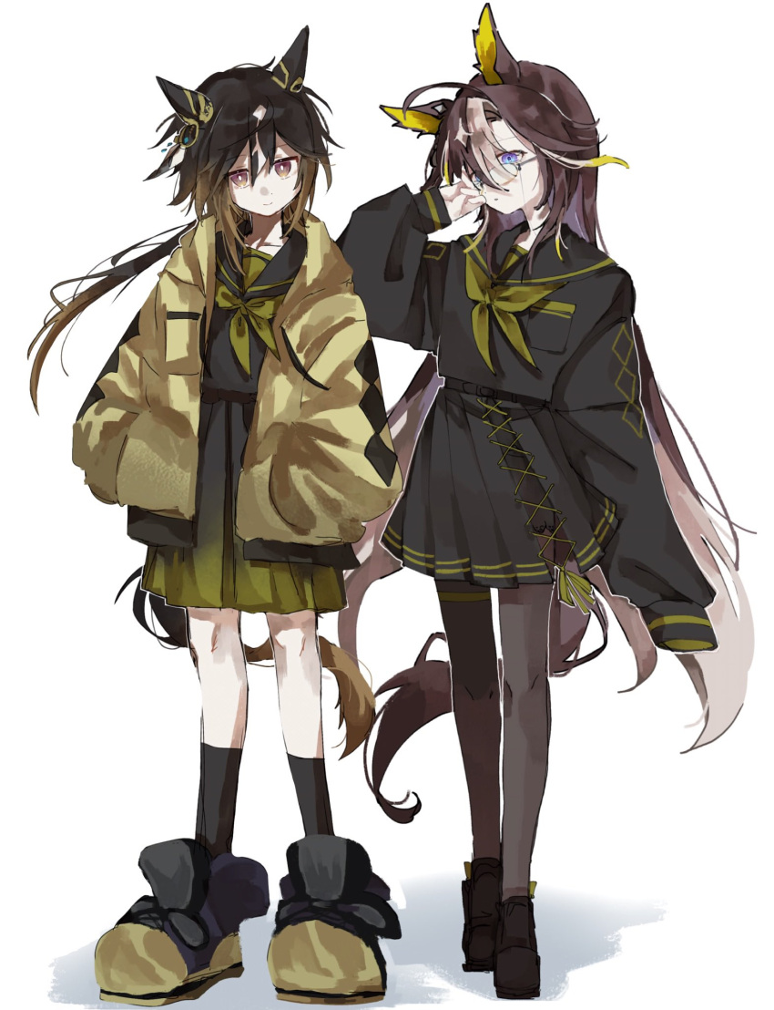 2girls ahoge animal_ears bkv8j black_hair black_pantyhose black_sailor_collar black_shirt black_socks blue_eyes brown_eyes brown_hair closed_mouth coat dream_journey_(umamusume) ear_covers eyewear_strap glasses gradient_clothes gradient_eyes gradient_skirt hair_between_eyes hands_in_pockets highres horse_ears horse_girl horse_tail kneehighs long_hair long_sleeves multicolored_eyes multicolored_hair multiple_girls neckerchief open_clothes open_coat pantyhose pleated_skirt ponytail purple_eyes sailor_collar shirt shoes simple_background skirt smile socks stay_gold_(umamusume) streaked_hair tail umamusume white_background white_hair yellow_coat yellow_neckerchief