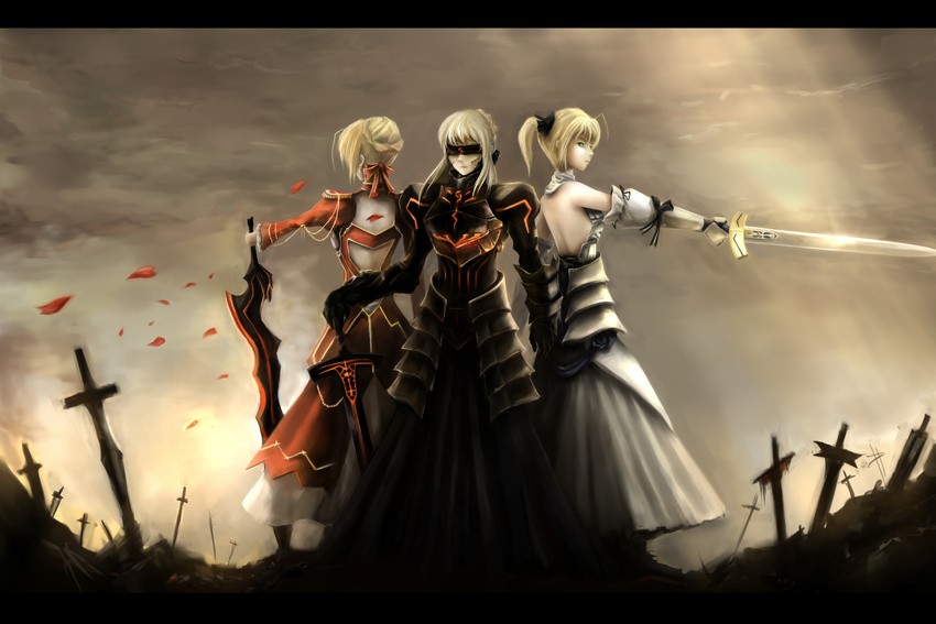 absurdres aestus_estus ahoge armor armored_dress artoria_pendragon_(all) back_cutout bare_shoulders blonde_hair bow dark_excalibur detached_sleeves dress dual_persona epaulettes excalibur fate/extra fate/stay_night fate/unlimited_codes fate_(series) field_of_blades gauntlets green_eyes hair_bow hair_ribbon hands_on_hilt highres letterboxed light_persona multiple_girls nero_claudius_(fate) nero_claudius_(fate)_(all) petals planted_sword planted_weapon pointing_sword ponytail ribbon saber_alter saber_lily sunnyeternally sword visor_(armor) weapon