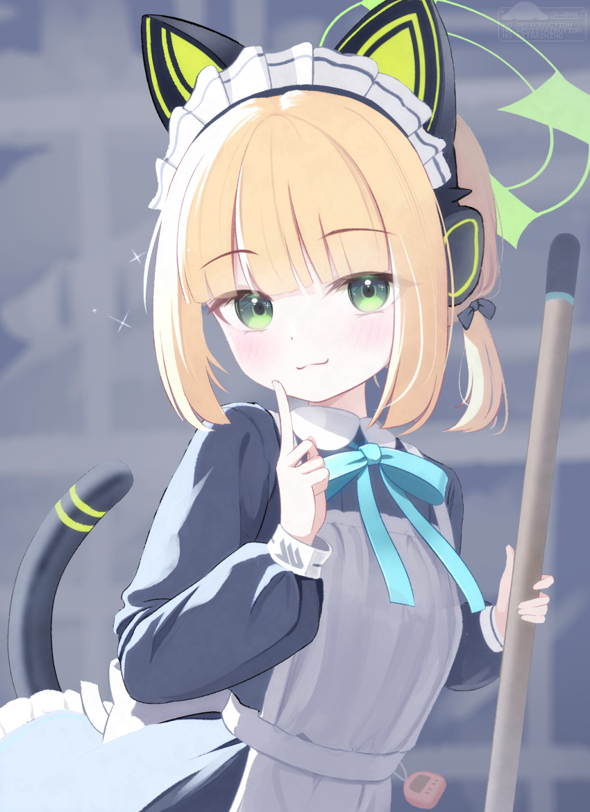 1girl :3 animal_ear_headphones animal_ears apron aqua_bow aqua_bowtie black_bow black_dress black_tail blonde_hair blue_archive blunt_bangs blurry blurry_background blush bow bowtie breasts broom cat_ear_headphones cat_ears cat_tail closed_mouth collared_dress commentary contrast_collar dress fake_animal_ears fake_tail gaarya green_eyes green_halo hair_bow halo hand_up headphones highres holding holding_broom index_finger_raised long_sleeves looking_at_viewer maid maid_apron maid_headdress midori_(blue_archive) midori_(maid)_(blue_archive) official_alternate_costume official_alternate_hairstyle ponytail puffy_long_sleeves puffy_sleeves short_hair short_ponytail sidelocks small_breasts smile solo sparkle symbol_in_eye tail tail_raised upper_body virtual_pet_(toy) white_apron white_headdress