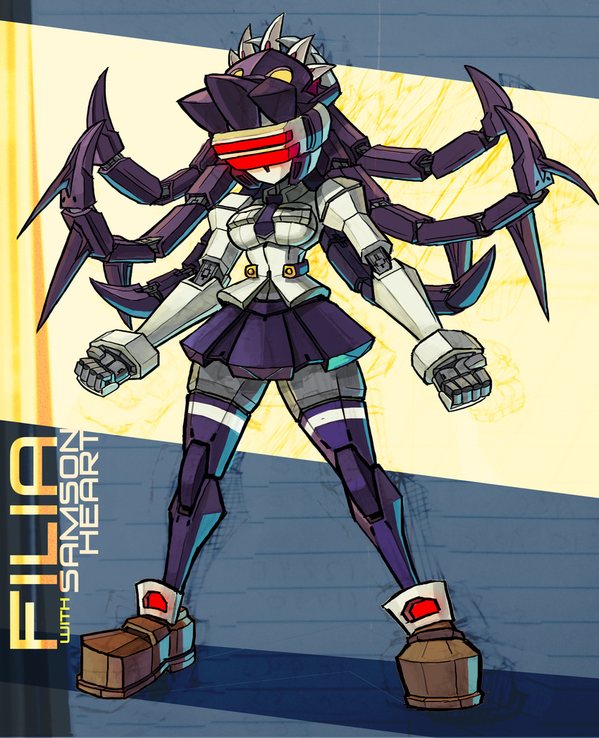 1girl absurdres black_hair fei-yen filia_(skullgirls) futakuchi-onna highres jonathan_kim long_hair mecha mechanization necktie open_mouth parody persona_(artist) prehensile_hair red_eyes samson_(skullgirls) skirt skullgirls solo thighhighs very_long_hair virtual_on yellow_eyes