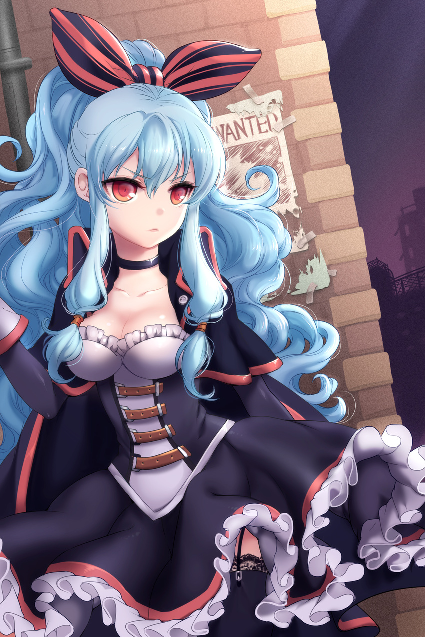 arm_up belt bittersweet_(dalcoms) black_legwear blue_hair bow breasts brick_wall cape choker cleavage cloak collarbone curly_hair dress frilled_dress frills frown garter_straps gloves hair_bow high_ponytail highres lace lace-trimmed_thighhighs linus_falco long_hair medium_breasts night paper pipe ponytail poster_(object) red_eyes ribbon solo strap striped sword_girls thighhighs wanted