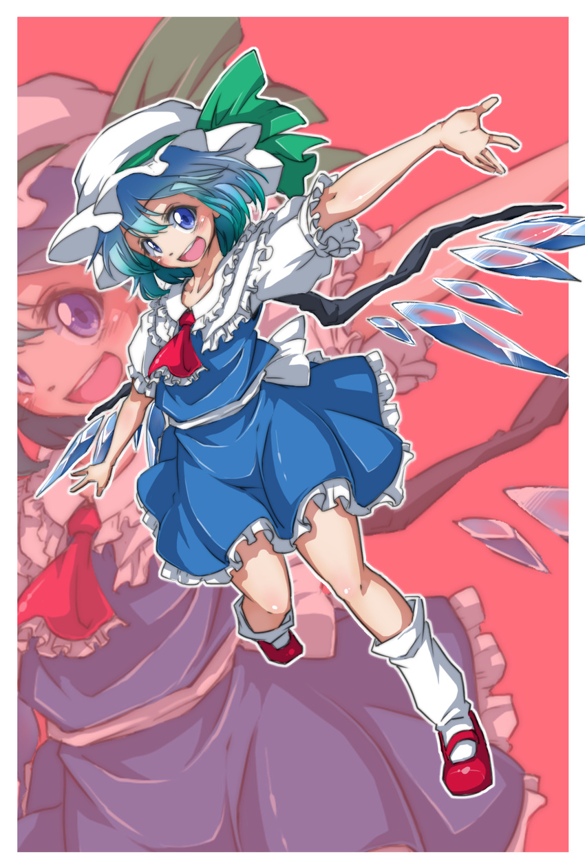 alternate_color ascot blue_eyes blue_hair cirno cosplay flandre_scarlet flandre_scarlet_(cosplay) full_body highres ice ice_wings izuna_nie mary_janes md5_mismatch shoes short_hair simple_background smile solo touhou wings zoom_layer