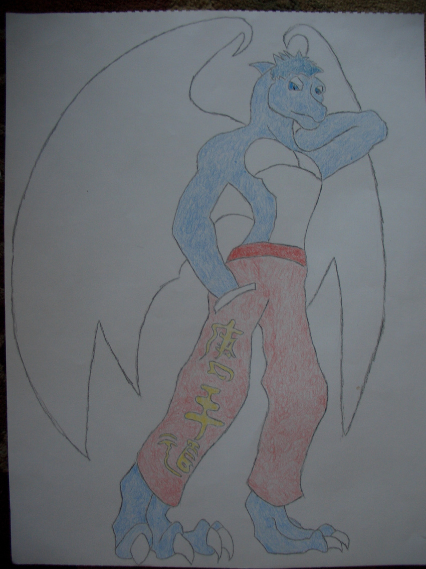 anthro blue blue_eyes blue_hair cl hair kadido red_pants white_wings wings